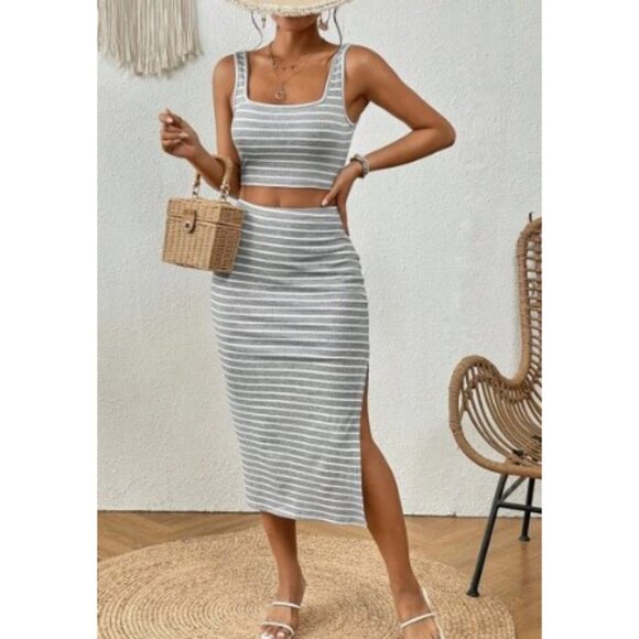 2 piece set: skirt set maxi skirt & crop top tank striped gray white